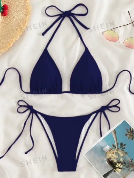SHEIN Swim Women's Summer Beach Solid Color Halter Neck Bandage Sexy Bikini Set