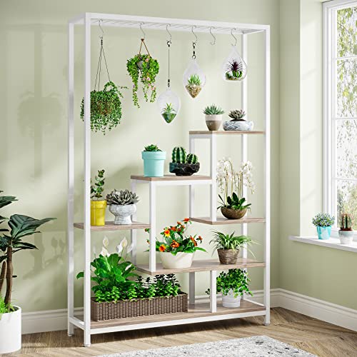 Tribesigns 5-Tier Tall Indoor Plant Stand, 70.9 inches Metal Plant Shelf with 10PC S Hanging Hooks, Multi-Purpose Flower Bonsai Display Rack for Indoor, Garden, Balcony, Living Room, White & Beige - White & Beige