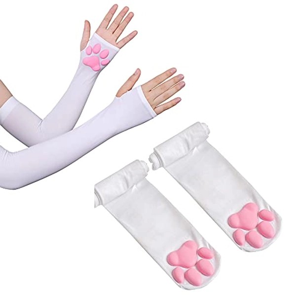 paloli Pink Cat Paw Pad Thigh High Socks For Women Girls,Cute 3D Kitten Claw Stockings Sleeves Ears For Cosplay