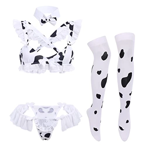 Sexy Cow Milk Leopard Cosplay Costume Kawaii Outfit Anime Lolita Mini Bikini Bra Lingerie Set for Women Teddy Japanese Halter Bodysuit Underwear Babydoll Nightwear 4pcs-Cow Maid Bikini Set