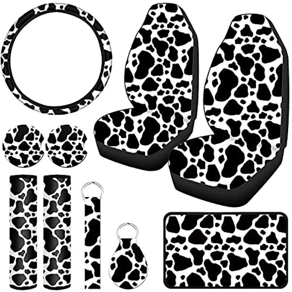 Cow Print Car Accessories Car Seat Cover for Women Men Cow Rubber Steering Wheel Cover Cup Holders Keyring Armrest Seat Belt Pads Wrist Strap for Most Car, SUV()