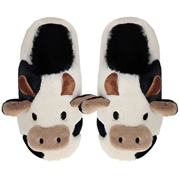 Fuzzy Slippers Cow Animal Slippers Soft For Women Winter Girls Warm Cozy Non-Skid Comfy Home Floor Slippers Shoes