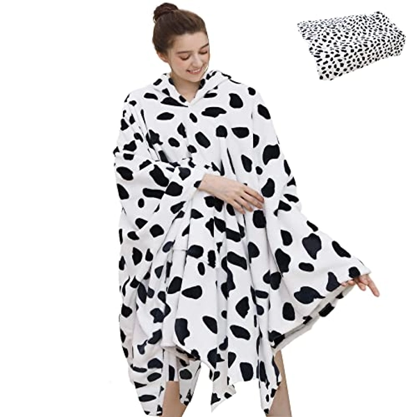 SINE Wearable Blanket Hoodie Super Soft Warm Plush Hooded Blanket with Big Pocket Cow Print Cute Funny Gifts for Girlfriend Children Mom Adult One Size Fits All 60X80 Inch