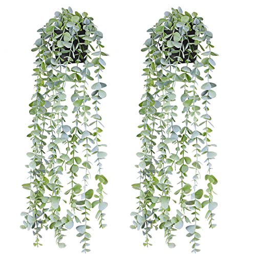 BACAMA Artificial Hanging Plants in Pots Fake Ivy Vine Leaves for Home Kitchen Garden Office Wall Mounted Shelf Decor 2 Pack Looks Full 2Feet Long Green