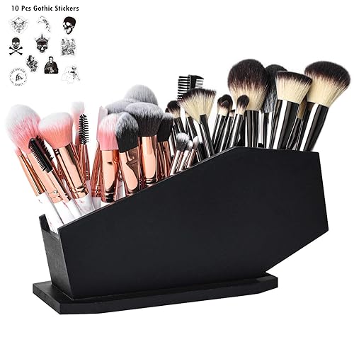 Gothvanity Coffin Brush Holder - Gothic Desk Organizer - Wooden Coffin Pen Holder -Spooky Decor for Bathroom, Living Room or Bedroom- Black - 10x 5x3.25 Inches