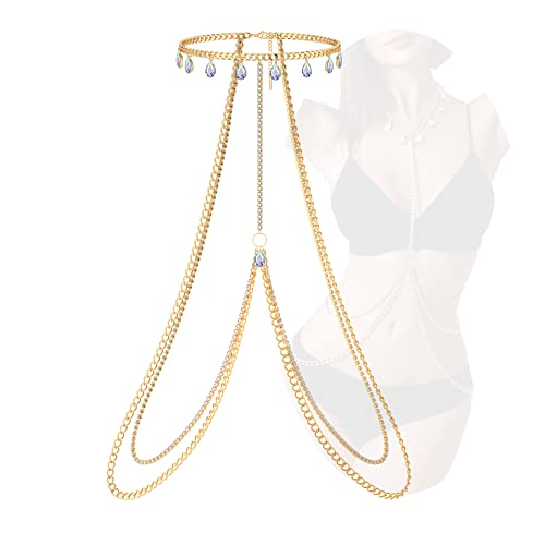Rhinestone Body Chains Jewelry For Women And Girls Sexy Belly Waist Chain Bikini Beach Accessories Suitable for a Variety of Carnival scenes - Gold Rainstone