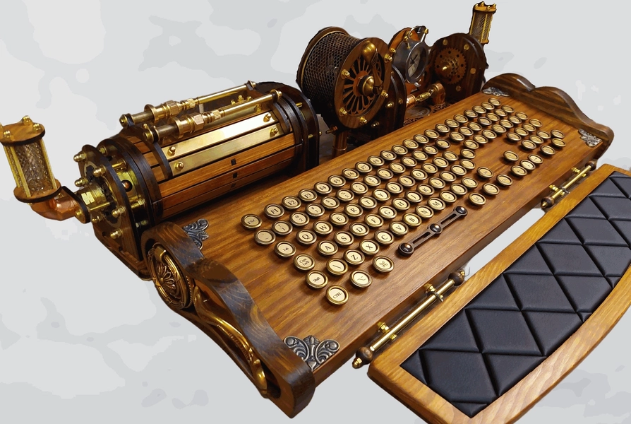 Set of steampunk (neo-victorian, antique look) keyboard with pencase, clock, lights and wristrest