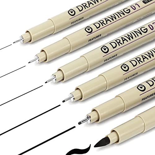 Micro Fineliner Drawing Art Pens: 6 Black Fine Line Waterproof Ink Set Artist Supplies Archival Inking Markers Pigment Liner Journaling Sketch Outline Manga Anime Sketching Watercolor Painting - 6 Tip Sizes