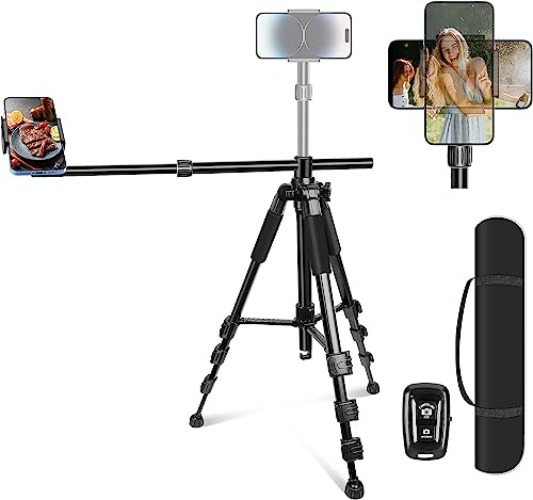 Elitehood iPhone Tripod for Overhead Video Recording [Heavy Duty & Ultra-Stable], 25in Horizontal Long Extendable Boom, 360° Rotation iPhone Tripod Stand with Remote, Vertical 71" Tall Phone Tripod