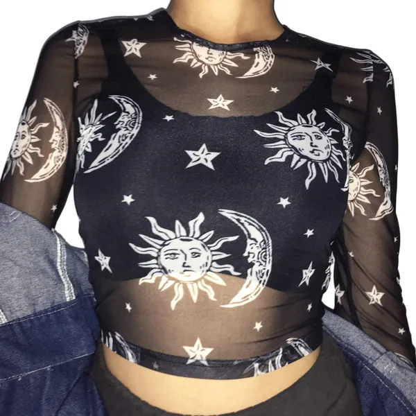 MIZOK Women's Long Sleeve See Through Shirts Angel Print Sexy Sheer Mesh Crop Tops