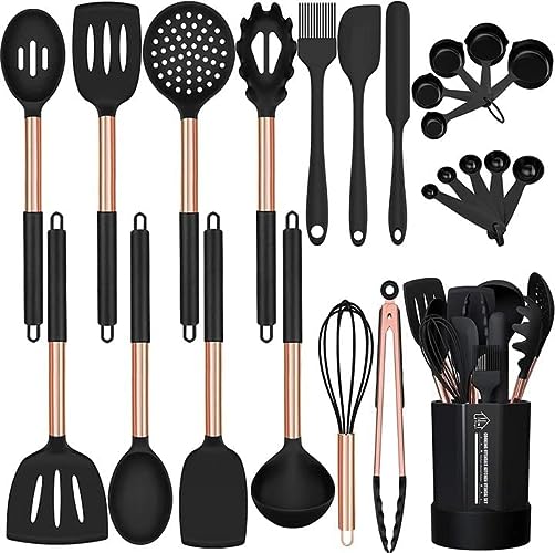 Silicone Cooking Utensil Set, Fungun 24pcs Silicone Cooking Kitchen Utensils Set, Non-stick Heat Resistant - Best Kitchen Spatulas Set with Copper Stainless Steel Handle - Black(BPA Free, Non Toxic) - Black