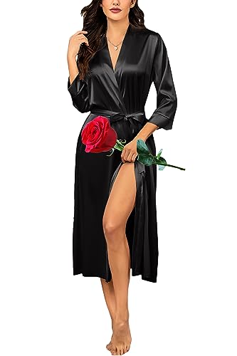 HOTOUCH Silk Robes for Women Long Bridesmaid Wedding Party Satin Robes Sleepwear with Pockets - A-black - Large