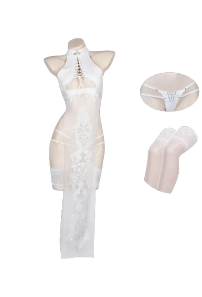 Premium: "Extravagant Smoke" Cheongsam - S / White Mist