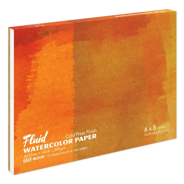 Fluid Artist Watercolor Block, 140 lb (300 GSM) Cold Press Paper Pad for Watercolor Painting and Wet Media with Easy Block Binding, 6 x 8 inches, 15 White Sheets