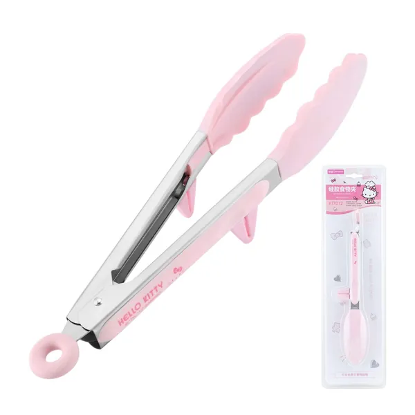 CHEFMADE Hello Kitty Food Tong, 10.6-Inch Stainless Steel Silicone Tong with Non-Slip Grip for Baking Tool (Pink)