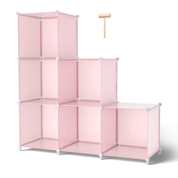 Homywish Cube Storage Organizer 6-Cube Closet Storage Shelves with Wooden Hammer DIY Closet Cabinet Room Storage Bookshelf Plastic Square Organizer Shelving for Home, Office, Bedroom, Pink…