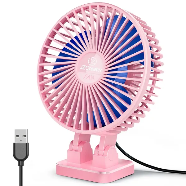 JZCreater USB Desk Fan, Mini Fan Portable, 3 Speeds Desktop Table Cooling Fan, Plug in Power Fan, Rotation Strong Wind, Quiet Personal Small Fan for Home Desktop Office Travel, 5INCH,（Pink Blue)