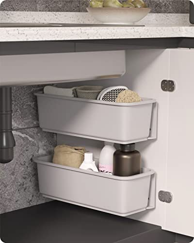 Baffect 2 pcs Sliding Basket Cabinet Organizer for Kitchen Bathroom, Pull Out Drawers Under Sink Cupboard Organisers Wall Mounted Sliding Storage Baskets for Spice Shower Pantry Supplies (Grey) - Grey