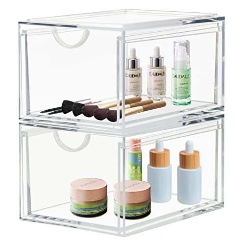 CECOLIC 2 Pack Stackable Cosmetic Organizer Drawers, Clear Acrylic Makeup Storage Organizer, Plastic Storage Bins Vanity Container for Bathroom Countertop, Bedroom Dresser, Kitchen Cabinets