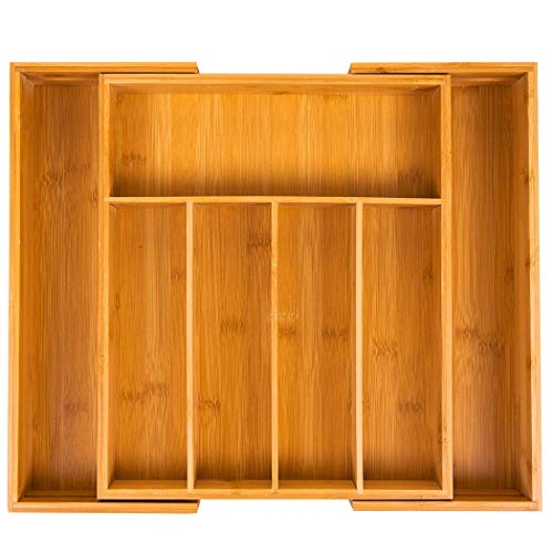 Giggi Bamboo Extendable Cutlery Tray & Organiser| for Drawer | 5-7 Compartment |Knife and Utensils Holder Rack