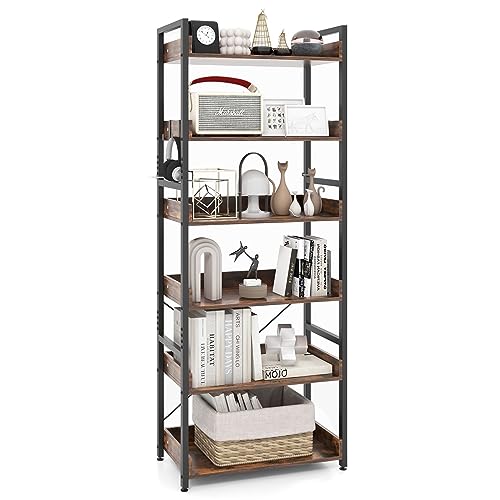 CASART 4/6-Tier Industrial Ladder Bookshelf, Freestanding Metal Frame Storage Rack, Wooden Display Bookcase Organiser Shelves for Living Room Bedroom Office (Rustic Brown, 6-Tier: 69 x 34 x 177 cm) - 6-Tier: 69 x 34 x 177 cm - Rustic Brown