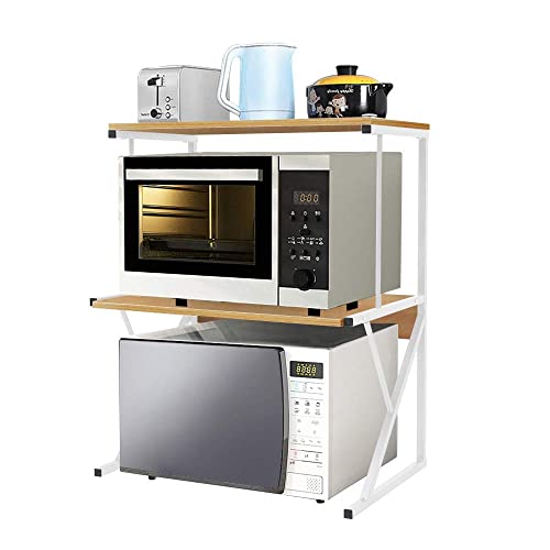 2 Tier Kitchen Countertop Microwave Oven Unit Shelving Stand Rack for Household Storage Organizer, Home Office Desktop Shelf Printer Rack Free Standing Metal Frame Wood Tabletop - 3 tiers shelving - Pine
