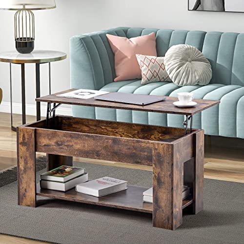 Leisure Zone Wood Hydraulic Lifting Coffee Table, Brown Tea Table with Storage and Shelf for Living Room, Office, Study Room, Size: L 100cm W 45cm H 49-63cm - Brown