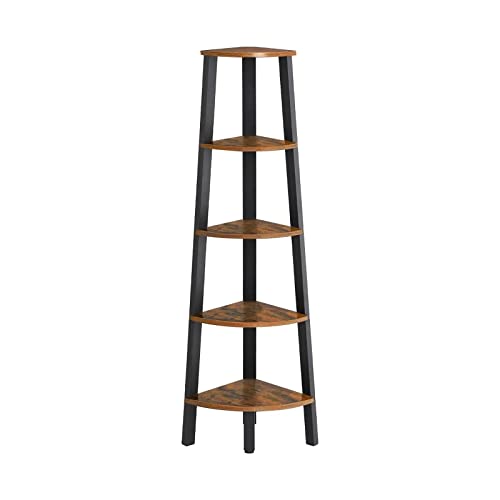 VASAGLE Corner Shelf, 5 Tier Bookcase, Ladder Shelf, Storage Unit, Plant Stand for Living Room, Industrial Style, with Steel Frame, Rustic Brown and Black LLS35X