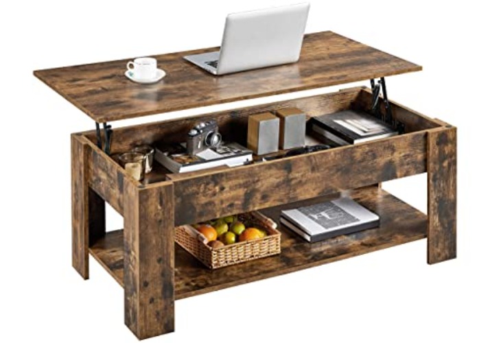 Yaheetech Lift Up Coffee Table, Wooden Lifting Adjustable Tabletop Height Coffee Table with Hidden Storage and Open Shelf for Living Room/Reception Room, Rustic Brown, 120x60x(49.5-62.5) cm - 120 x 60 x (49.5-62.5) cm (LxWxH) - Rustic Brown
