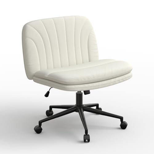 naspaluro Armless Office Chair with Wheels PU Leather Desk Chair Height Adjustable Swivel Computer Chair with Wide Seat and Mid Back for Bedroom and Home Office - Beige - Beige - With Wheels