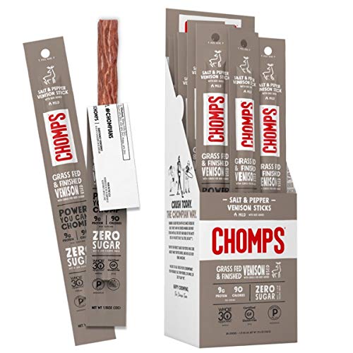 Chomps Grass Fed Venison Jerky Snack Sticks, Keto & Paleo, Whole30 Approved, Non-GMO, Gluten Free, Sugar Free, Nitrate Free, 90 Calorie Snacks, 1.15 Oz Meat Stick, Pack of 24 - 1.15 Ounce (Pack of 24)