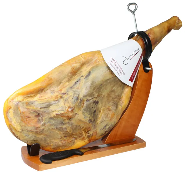 Serrano Ham Bone in from Spain 15 - 17 lb + Ham Stand + Knife - Cured Spanish Jamon with NO Nitrates or Nitrites All Natural - GMO  Gluten Free