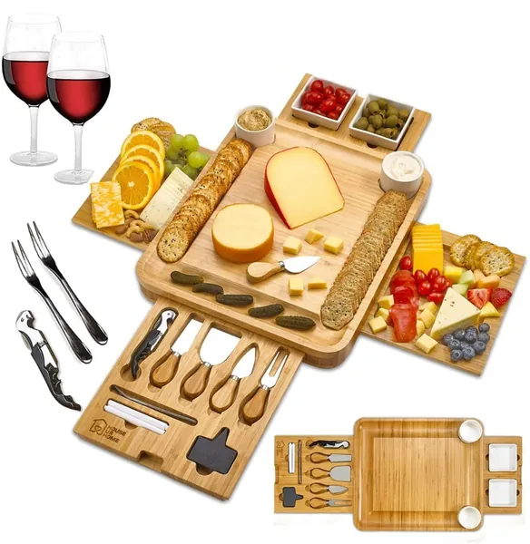 Cheese Board 2 Ceramic Bowls 2 Serving Plates. Magnetic 4 Drawers Bamboo Charcuterie Cutlery Knife Set, 2 Server Forks, Wine Opener, Labels, Markers, Gift for Birthdays, Wedding Registry,Housewarming