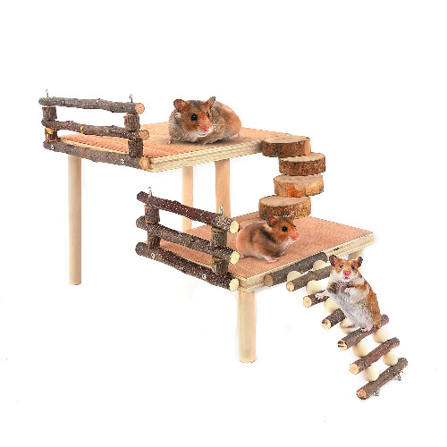 Hamster Climbing Toys Wooden Two-Tier Hamster Playground Activity Platform with Bridge Apple Wood Chewing Toys for Small Pets - Large