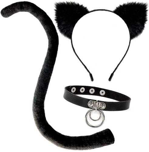Cat Costume Accessories Cat Ears and Tail Set Black Animal Halloween Accessory Kit for Women/Adults Sexy Cat Cosplay Pack with Choker Necklace, Black, Silver, One Size