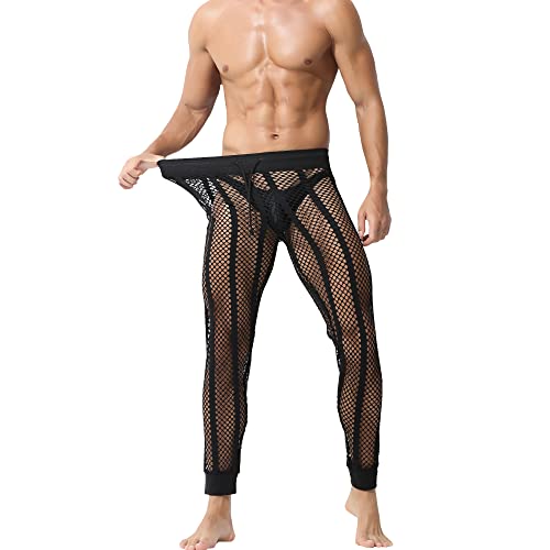QiaTi Men's Fishnet Pants Mesh See Through Muscle Leggings Stretchy Drawstring Long Pants - B-black - Medium