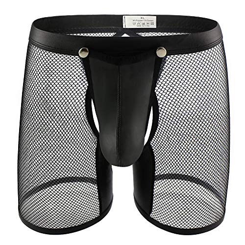 Evankin Men's See Through Sexy Mesh With Faux Leather Loose Shorts Pants Erotic Clubwear Button Removable Pouch - Medium - Leather Black