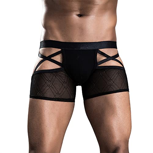 Artjosy Men Sexy Butt-Flaunting Jockstraps Underwear Low Rise Breathable Mesh Lace Boxer Briefs Bottomless Men Boxer Shorts Backless Gay Underpants Black