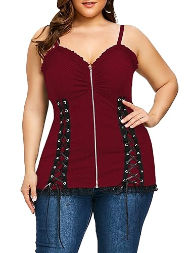 Nihsatin Women's Plus Size Lace up Ribbed Tops Casual T-Shirts Gothic Corset Top - Wine Red - 4X-Large