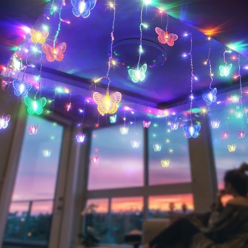 120 LED Butterfly Curtain Fairy Lights USB Plug in - 20ft 8 Modes Firefly Twinkle Sting Lights with Romte Timer Copper Wire Lights for Bedroom Christmas Wedding Party Decor(Multicolor) - Multicolor