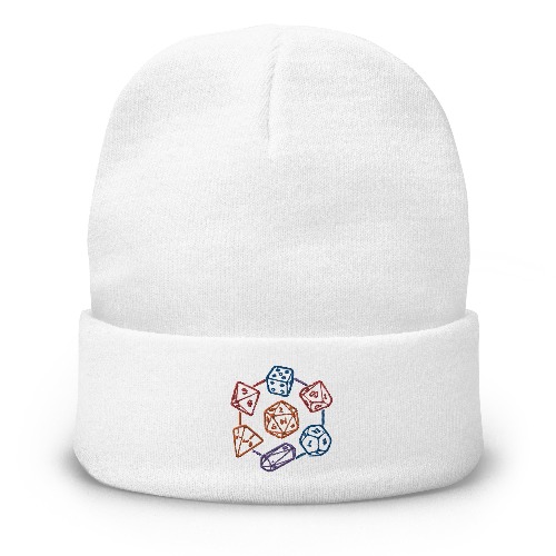 Polyhedral DnD Dice Embroidered Beanie - White