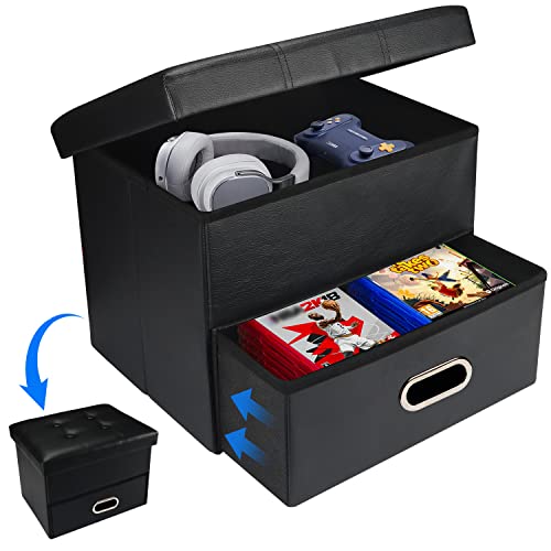 AmasSmile® Folding Storage Ottoman Foot Rest Stool with Drawers, 17 inch Leather Footstool Bench, Short Ottoman Bench, Storage Foot Rest Store, Books,Records Support 220 lbs, Black - Black - 17"*13"*13"