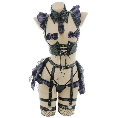 Purple Plaid Latex Vixen Bodysuit for Edgy Alternative Fashion - M