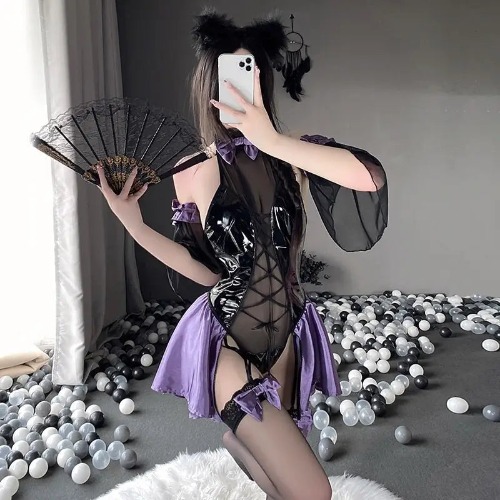 Black & Purple Leather Succubus Bodysuit Set for Gothic Styles