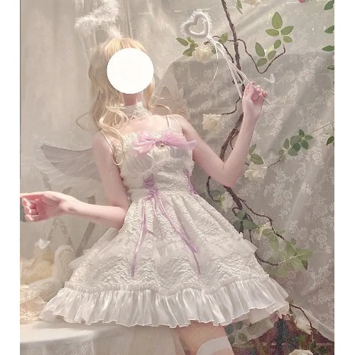 Ethereal Princess Lace Dress with Ruffles and Bows - White Pink / M