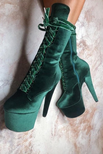 Hella Heels High BabyDoll Velvet 7inch Boots - NY Gangster | Green / UK6 / EU39 / US8