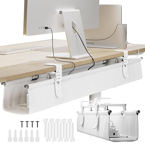 Ascrono CableCare No Drill Under Desk Cable Management Tray 27.3" -for Desk Wire Management - Premium White Fabric to Hide Cords - Clamp/Screw Mount - Supports Upto 66lbs - Cable Management Under Desk - Regular (27.3 in) - White