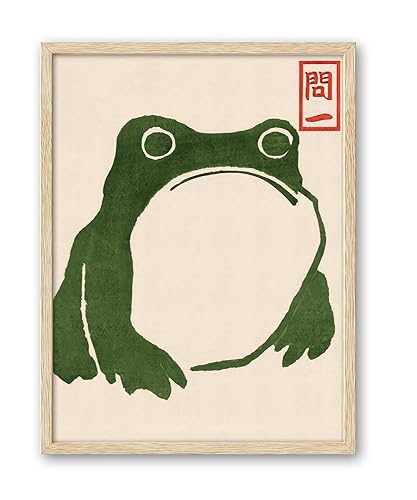 iHery Natural OAK Wood Framed Wall Art, 12x16in Bedroom Wall Decor Japanese Frog Set of 1, Vintage Frog Woodblock Zenga Toad Painting,Beige Frame Funny Canvas Print for Living Room Bathroom - Oak Wood Framed Matsumoto Hoji's - 12.00" x 16.00"