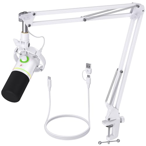 MAONO XLR/USB Dynamic Microphone Kit, RGB Podcast Mic with Software, Mute, Gain Knob, Volume Control, Boom Arm for Streaming, Gaming, Voice-Over, Recording-PD200XS White - White