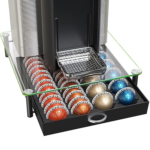 DecoBrothers Crystal Tempered Glass Vertuo Pod Holder Drawer, 24 Large or 48 Small Nespresso Capsule Organizer - 48 pcs Capacity - Black